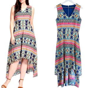 Maia NWT Colorful Statement Flattering Mixed Print Hi Low Flowy‎ Midi Dress Sz 8